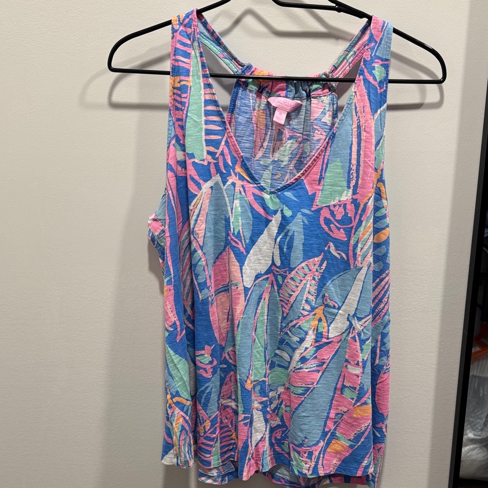 Lilly Pulitzer Blue Pink Tropical Leaf Print Tank